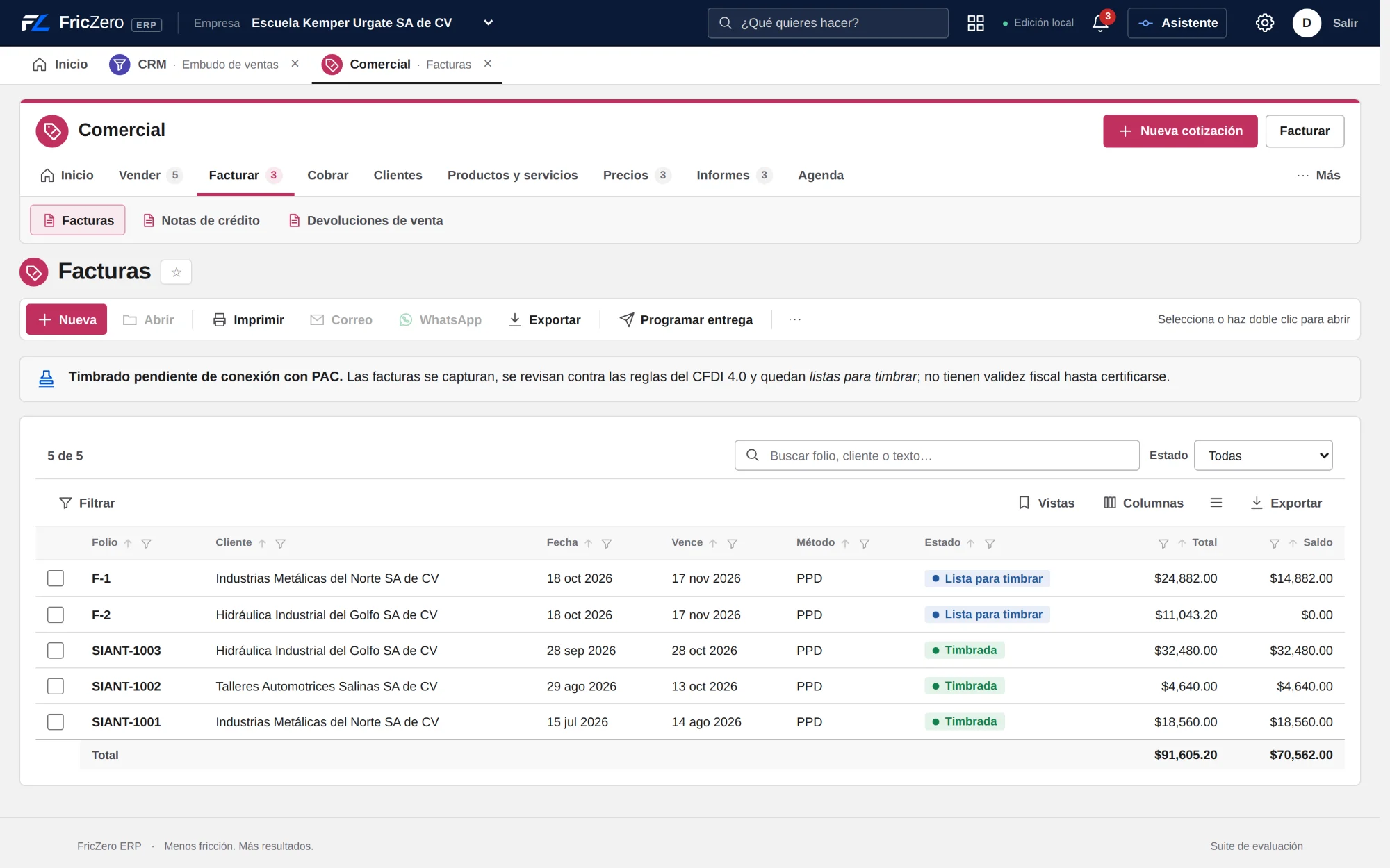 Lista de facturas timbradas en FZ ERP